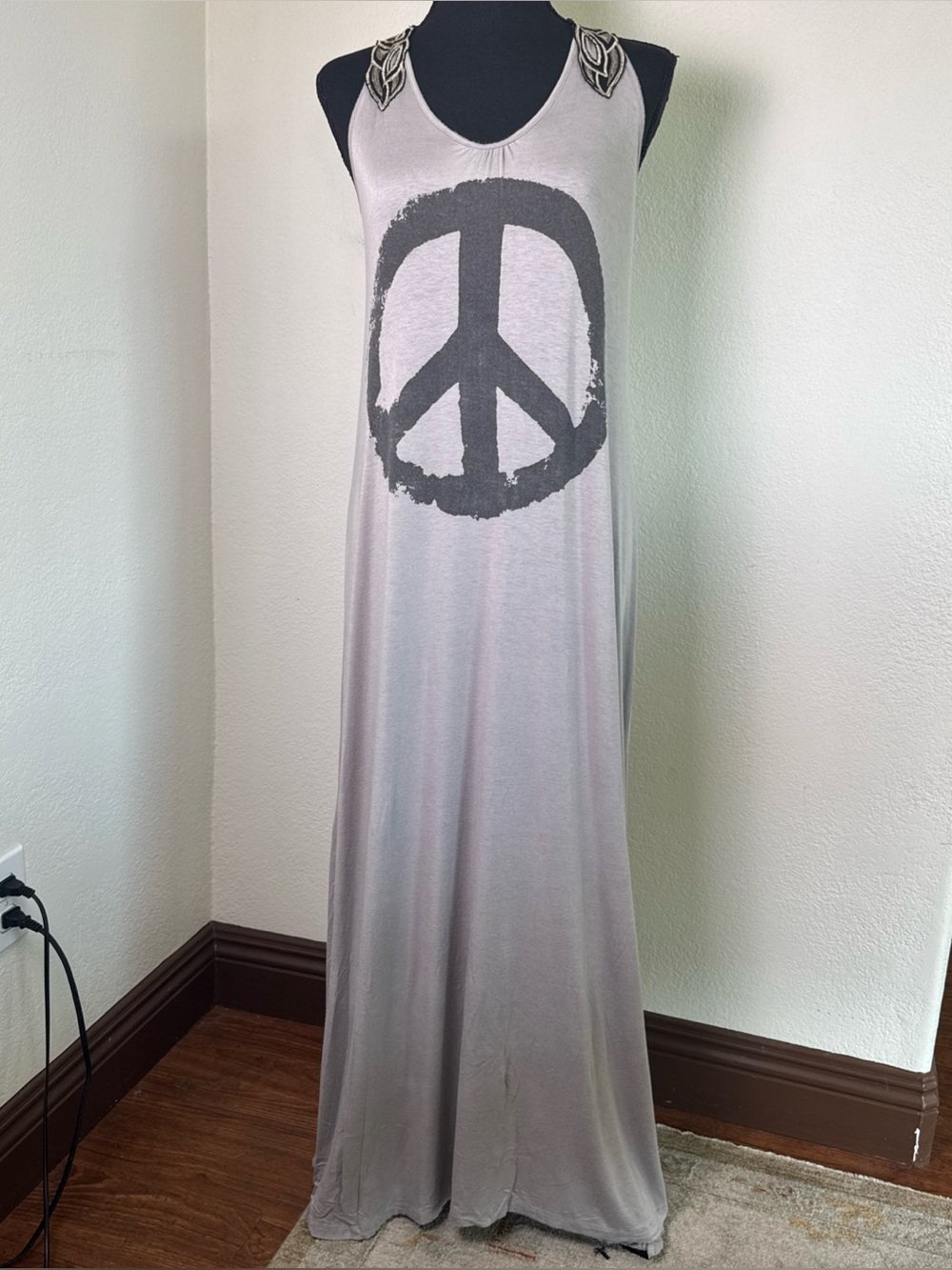 Audrey 3+1 Womens L Peace  Sleeveless Racerback Tank Maxi Dress Gray